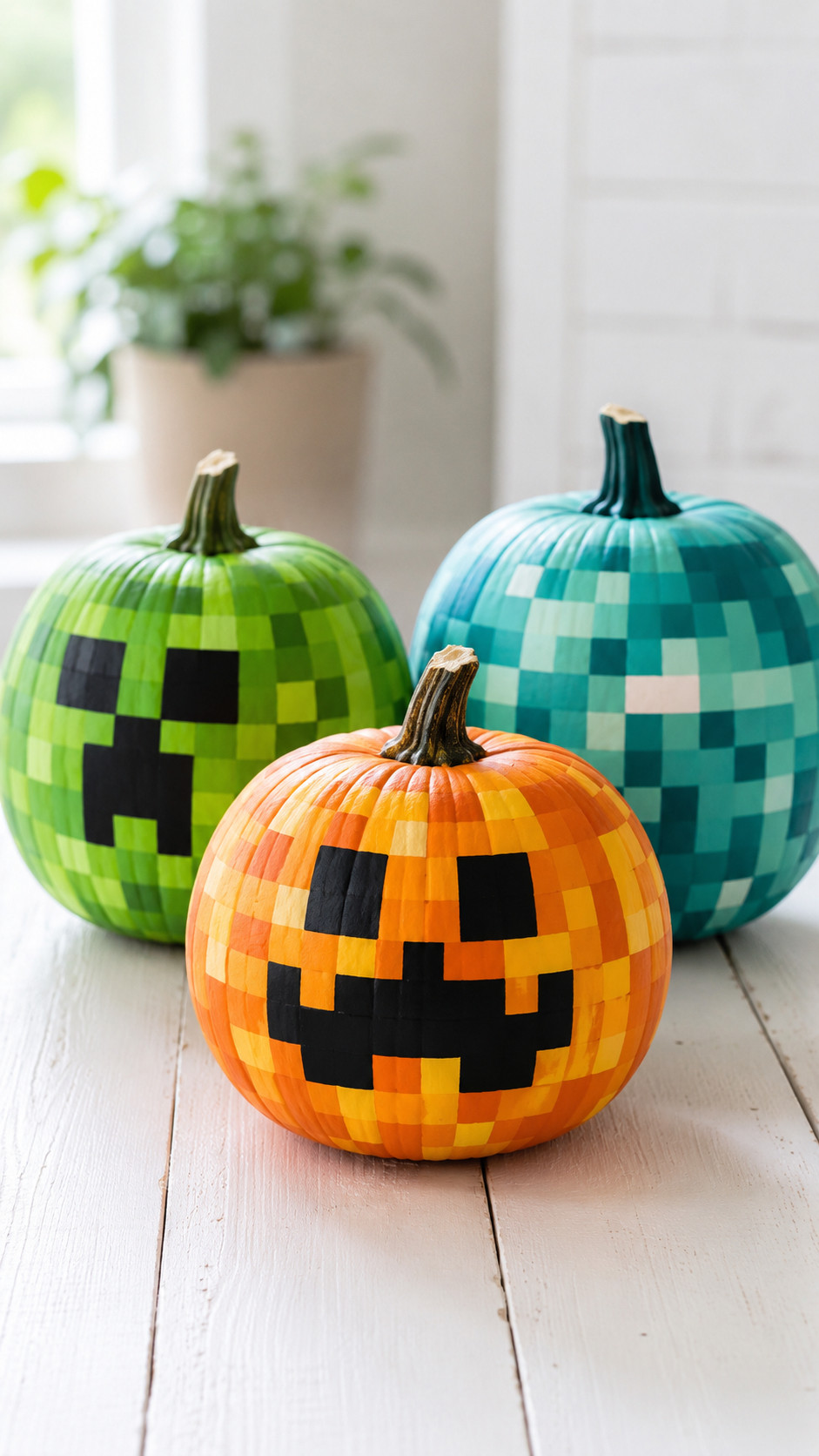 Photo of a painted pumpkin styled as a Shroomlight, featuring soft amber paint with speckled reds and a warm glow for Minecraft-inspired fall decor.