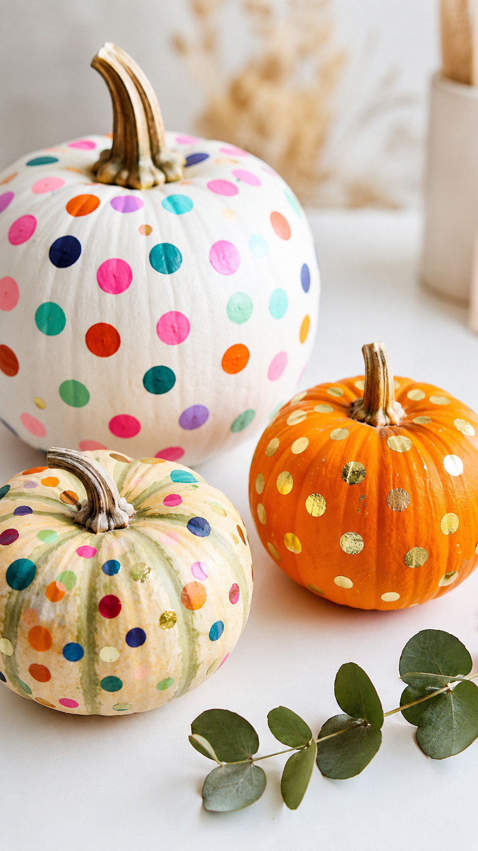 Photo of a painted pumpkin covered in ombré sunset confetti dots in coral, peach, and golden yellow on a wooden porch.