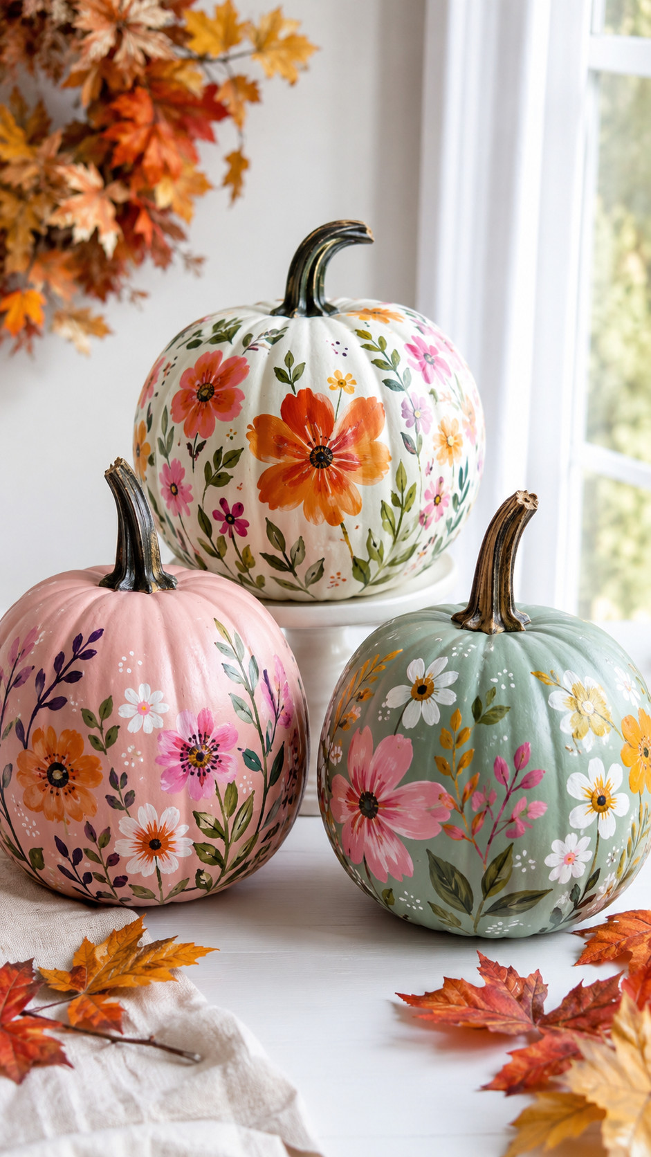 Photo of a hand-painted pumpkin adorned with orange and rust marigold blooms sitting on a wooden porch amid fall leaves and warm golden light.