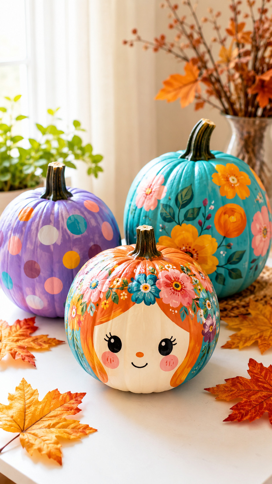 Photo of three pumpkins painted in sunset ombre shades of coral, tangerine, and dusky purple arranged on a cozy porch mantel.