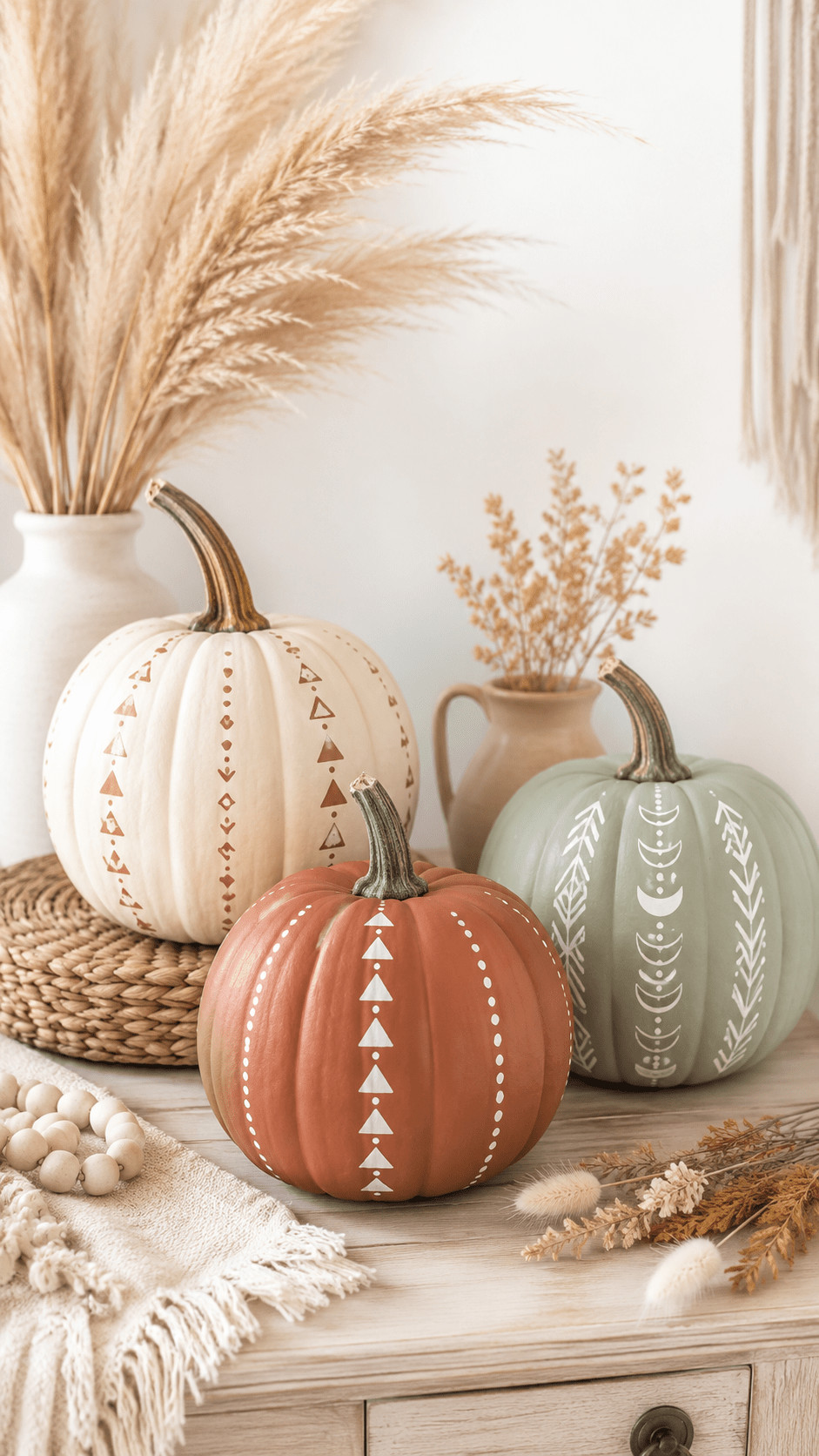 Ombre pumpkin painted in gradient coral, peach, and deep orange displayed on a mantel with dried grasses for fall decor.