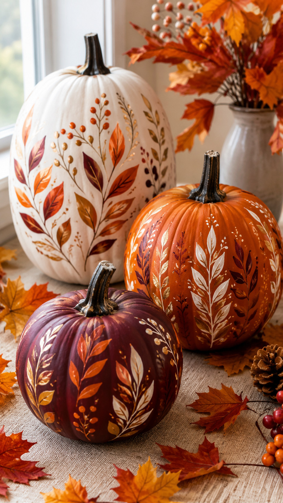Photo of painted Sunset Ombre Pumpkins showing coral, tangerine, and deep rose gradients arranged on a rustic table centerpiece for Thanksgiving.