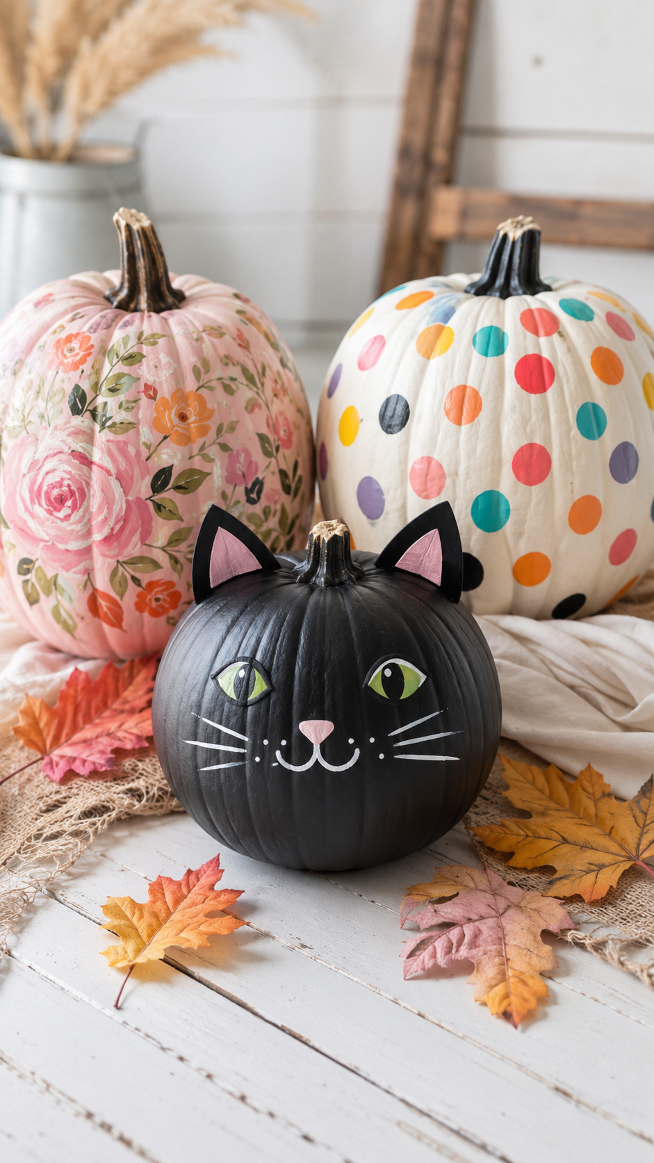 Painted pumpkin with peach, coral, and warm gold ombré layers on a mantel beside soft candlelight