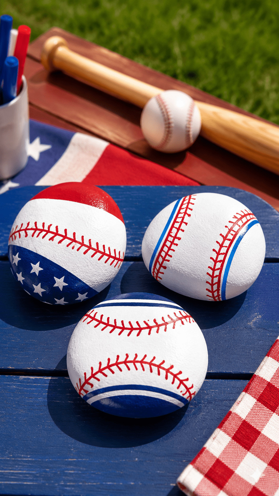 Photo of a sunset-themed baseball painted rock with orange, coral, cream, and red stitched details.