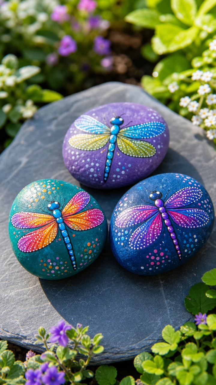 Painted rock with a Sunset Veil Dragonfly showing blended coral, amber and lavender wings on a dusky background resting in a garden setting.