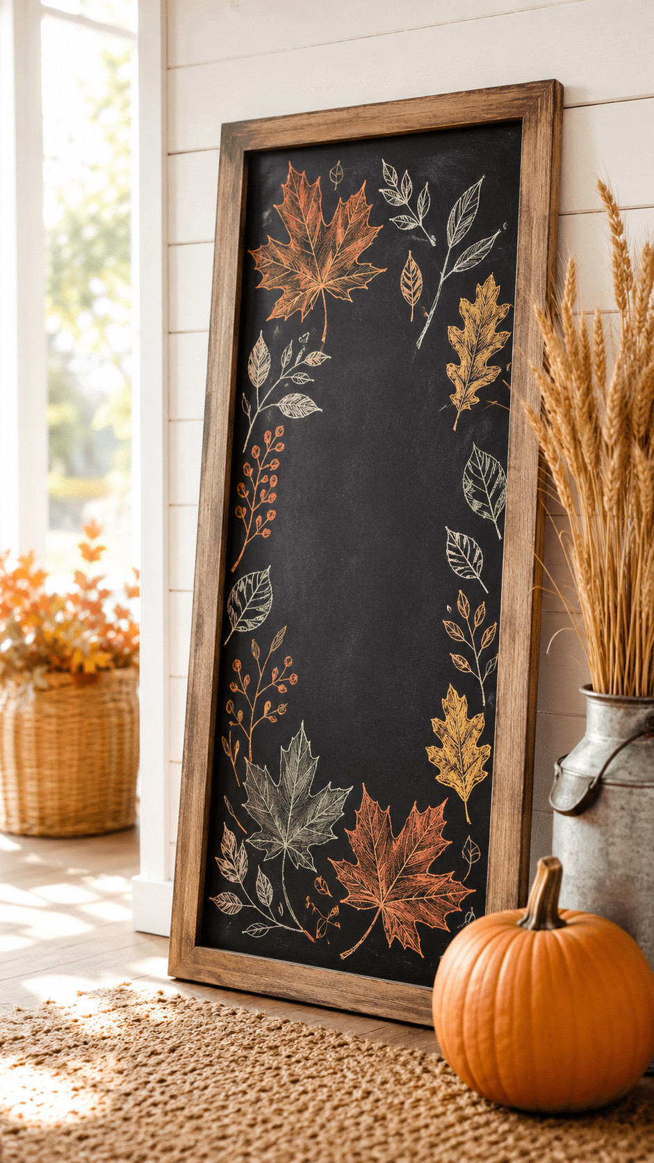 Photo of a September chalkboard with knit sweater motifs, a steaming mug illustration, and falling cinnamon-colored leaves on a rustic mantel.