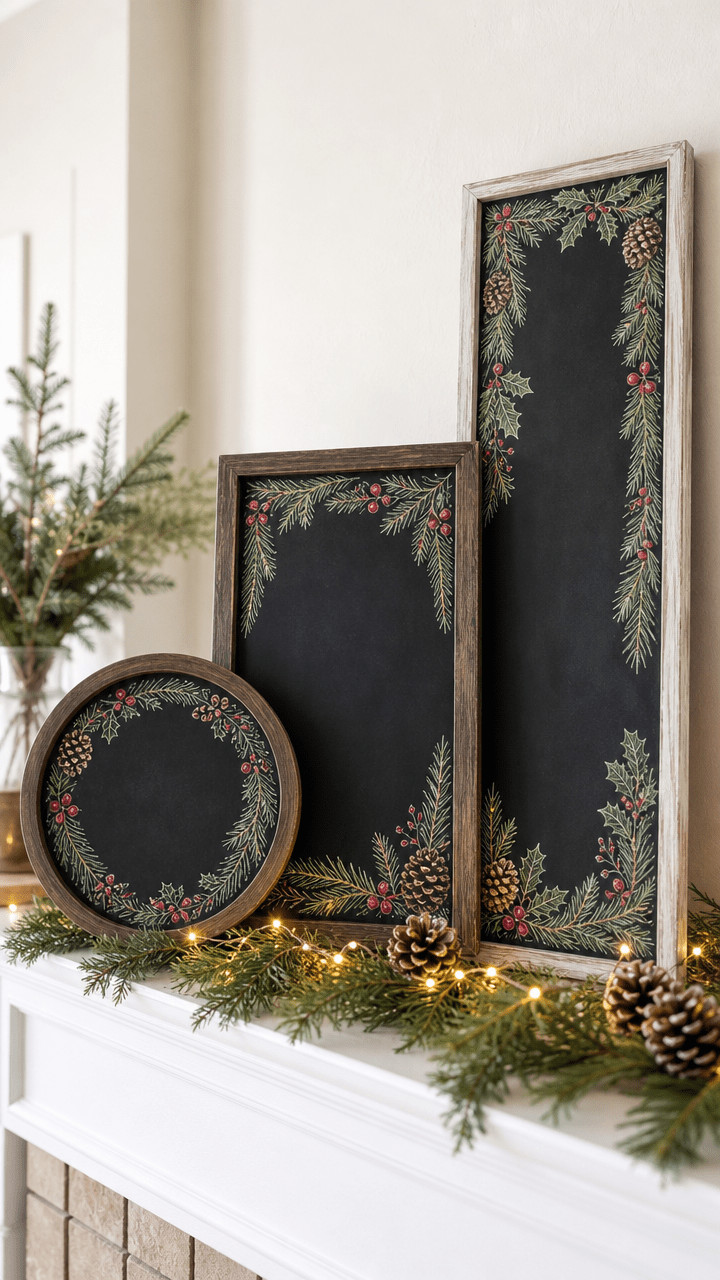 Photo of a chalkboard decorated with a twinkling garland, evergreen sprigs, and warm white chalk accents.