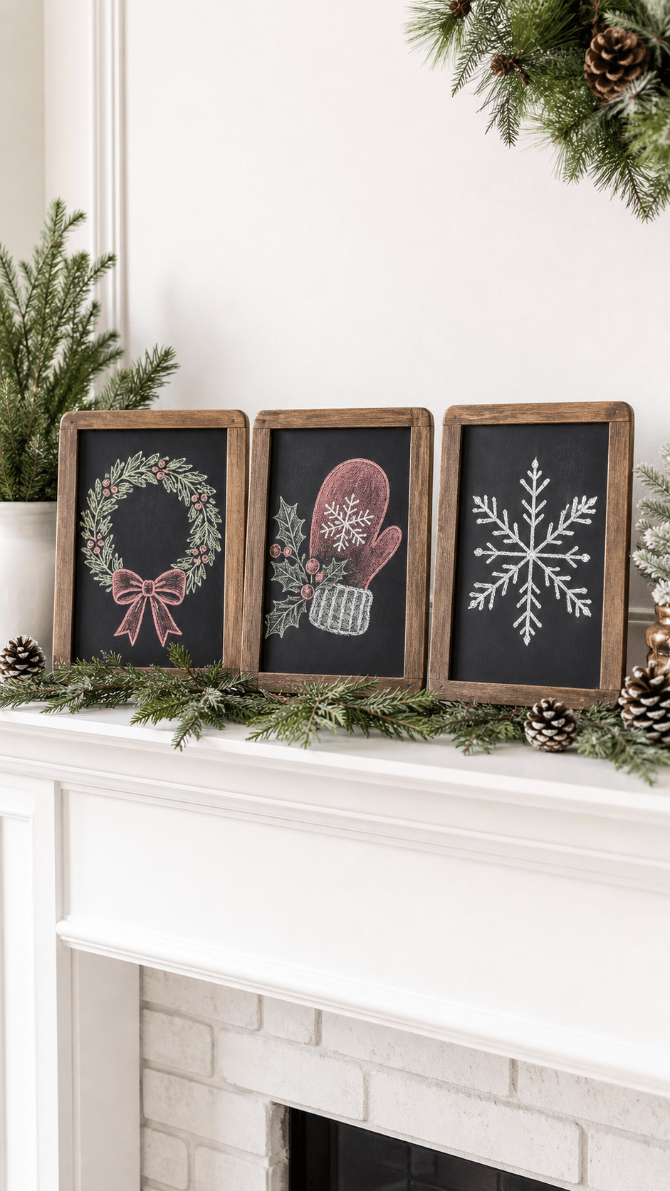 Chalkboard photo featuring a twinkling garland of string lights and evergreen sprigs forming a festive decorative border.