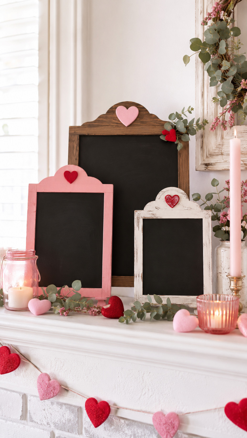Chalkboard art of a twinkling heart garland in white and blush chalk on a dark slate background above a mantel.