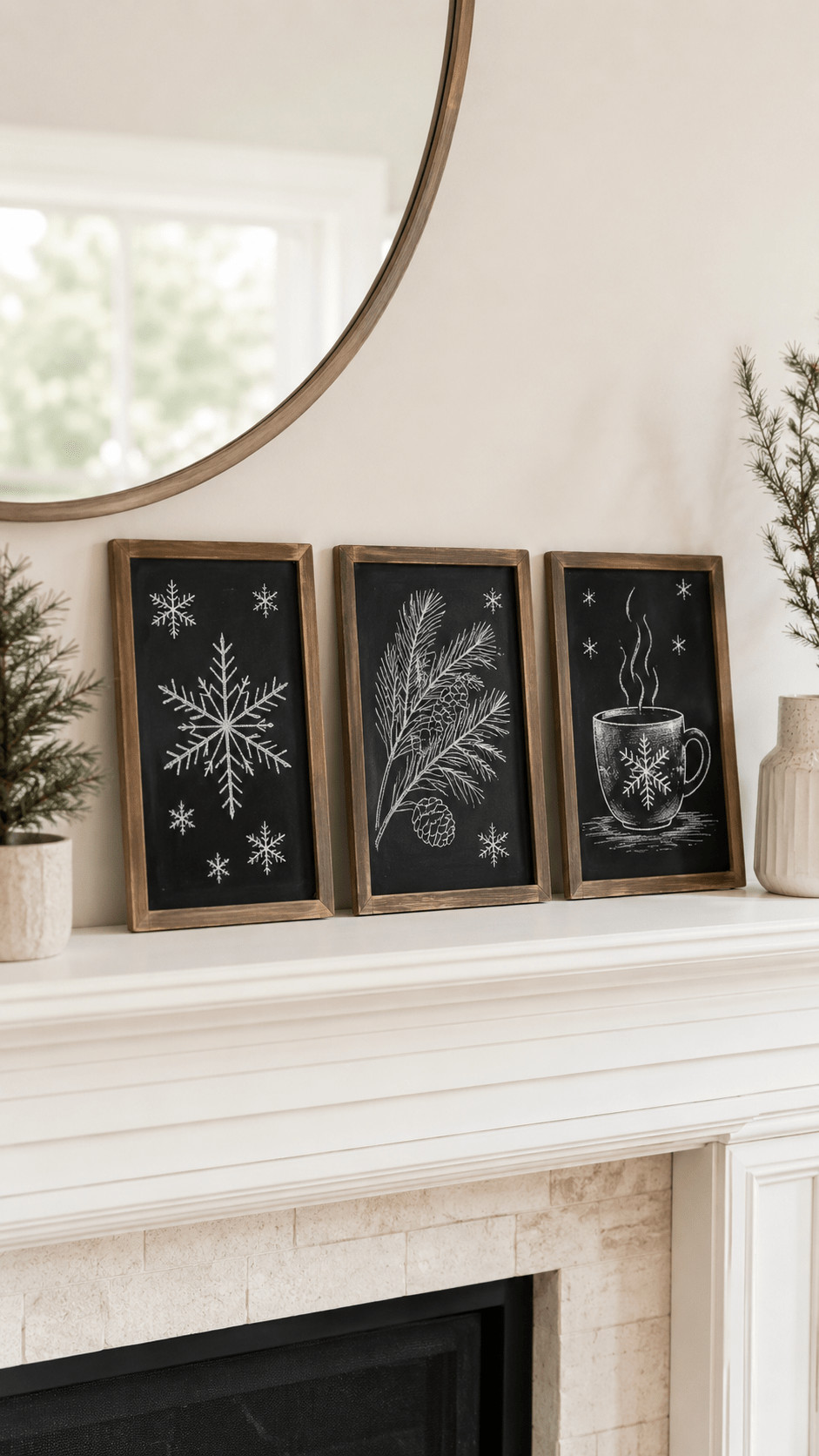 Chalkboard showing a twinkling snowfall design in white and pale blue chalk with scattered flakes and soft smudges, photographed next to warm string lights and cozy winter decor.