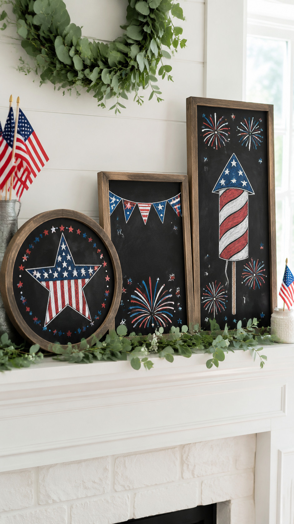 Vintage Americana chalkboard with weathered lettering and faded flag motifs propped beside mason jars and red gingham.