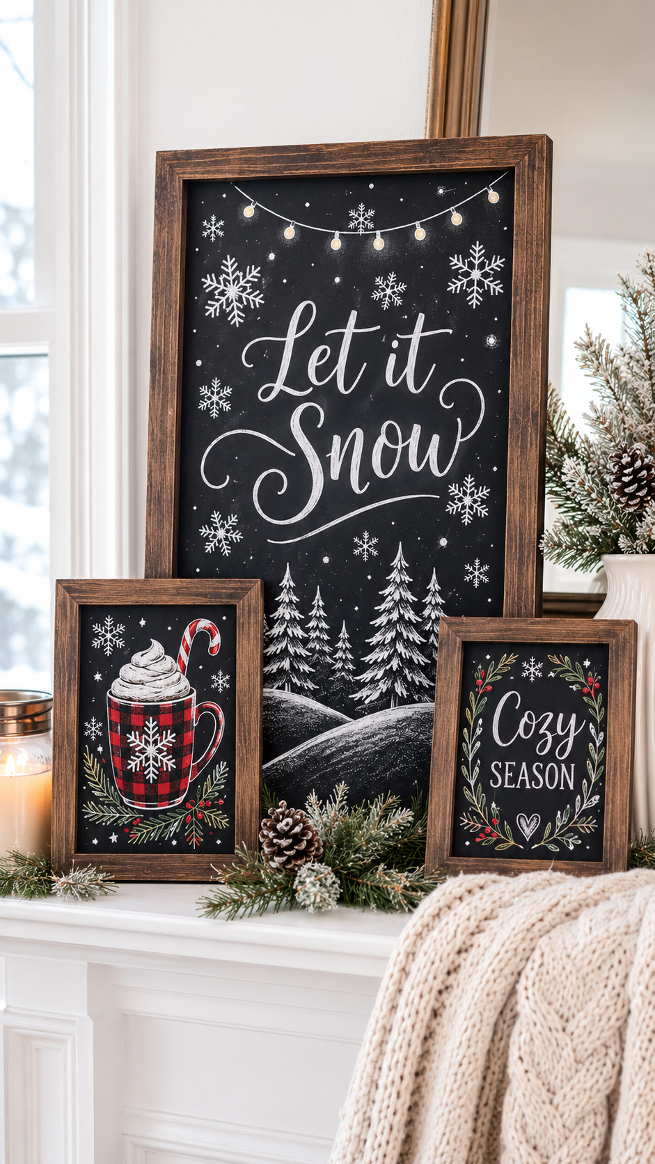 Chalkboard photo of a winter berry wreath featuring hand-drawn holly leaves and bright red berries surrounding soft ‘January’ lettering with a dusting of white to suggest a frosted look.