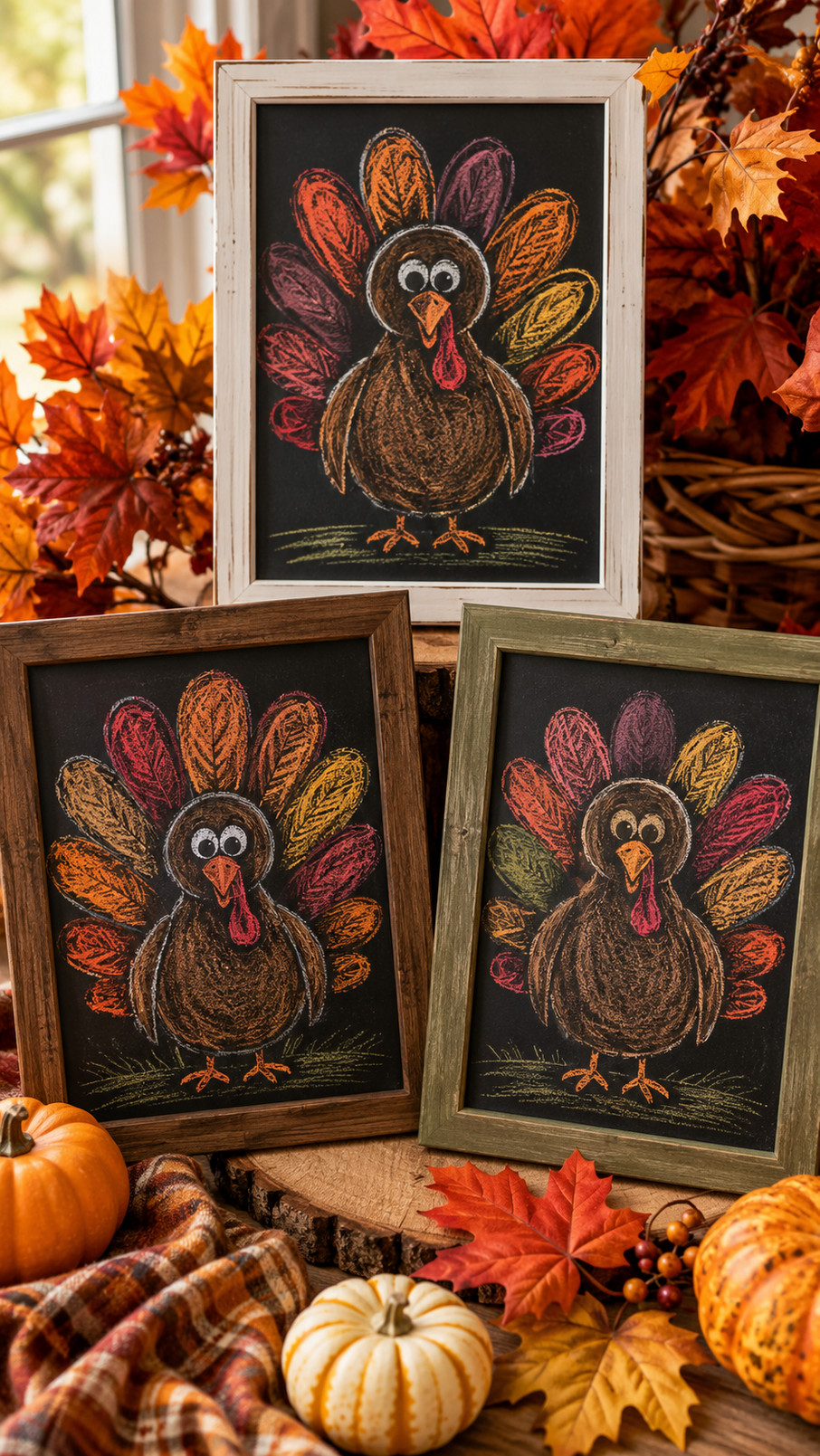 A chalkboard drawing of a turkey wearing an acorn hat with russet, gold, and cream feathers, surrounded by small autumn leaves.