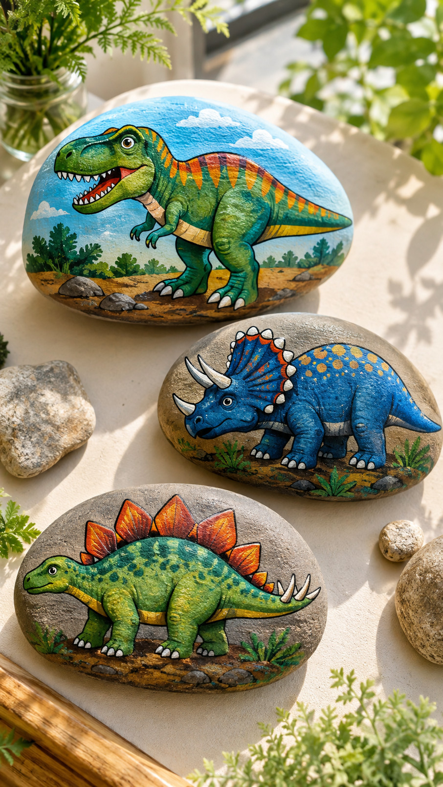 A painted ankylosaurus rock in amber, honey, orange, cream, and leafy green tones with chunky armor and a friendly smile.