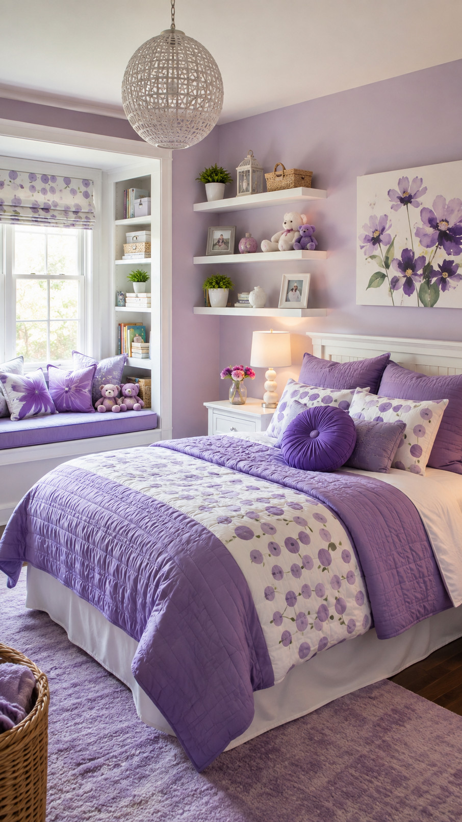 A cozy amethyst reading nook with purple cushions and lavender accents in a girl's bedroom.