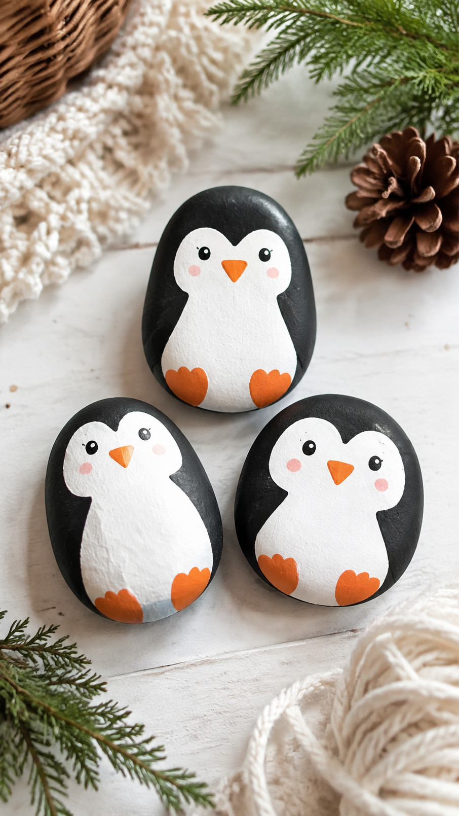 A painted rock featuring a black-and-white penguin beneath colorful green and purple aurora lights.