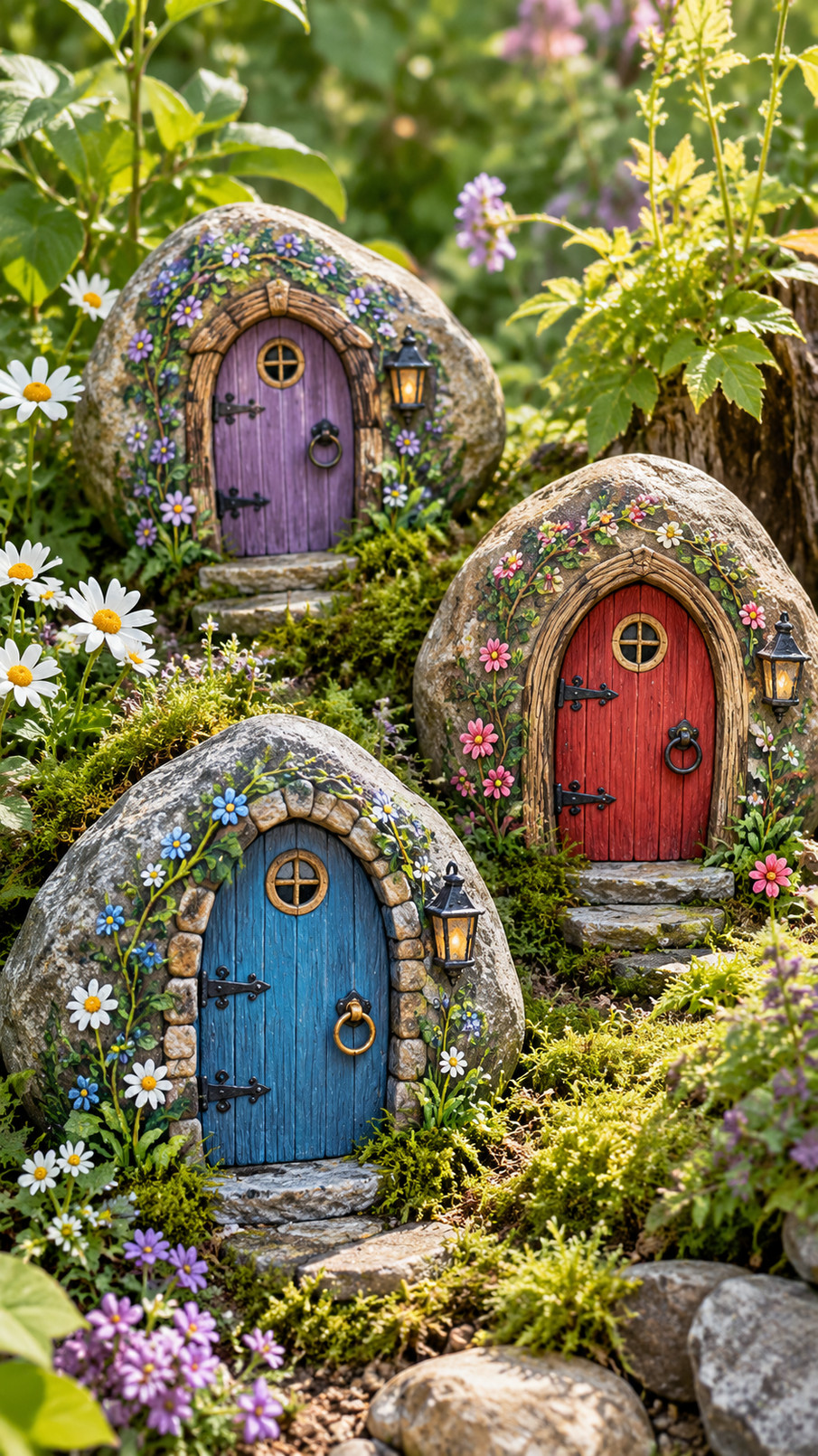 A painted rock fairy door with a teal entrance, acorn-shaped roof, curling oak leaves, and warm amber autumn details.