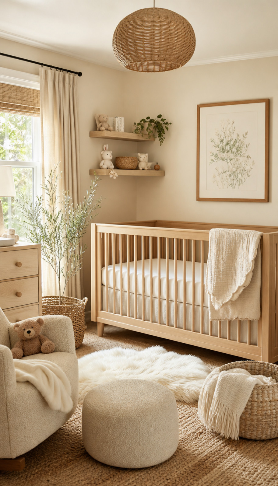 Beige fabric canopy draped above a crib in a cozy neutral nursery with warm wood accents and creamy textiles.