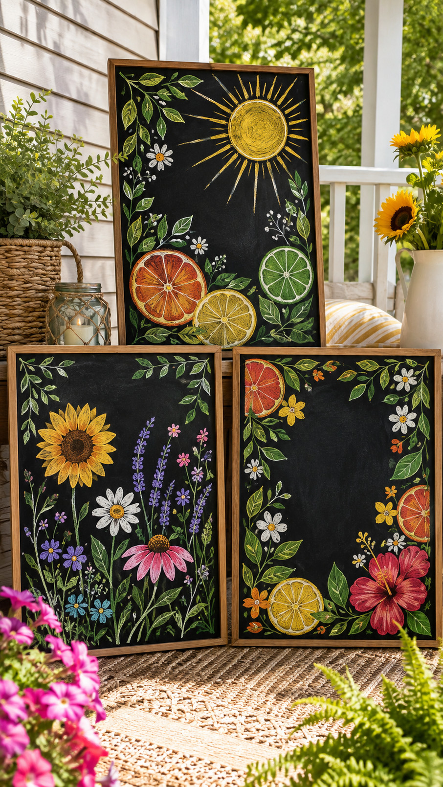 Chalkboard art featuring a colorful basket of strawberries, blueberries, and raspberries with a cheerful June summer theme.