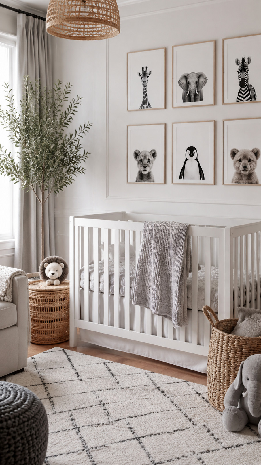 Black cloud mobile hanging above a white crib in a stylish monochrome nursery.