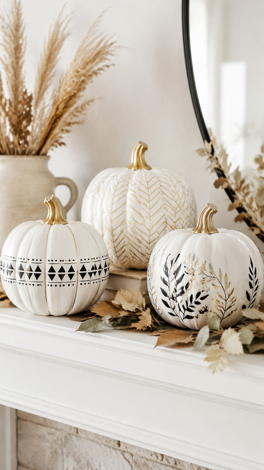 White painted pumpkin decorated with delicate black lace patterns for elegant Halloween and fall decor.