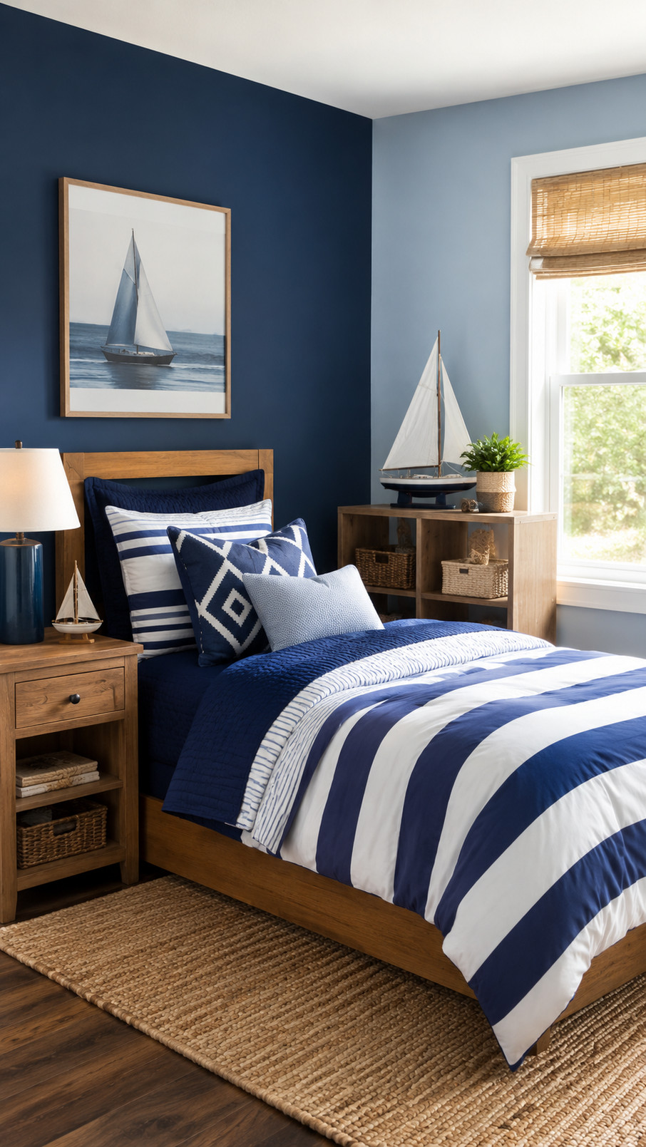 A blue compass wall art piece with navy, ocean blue, and white nautical details hangs above a boy's bedroom bed.