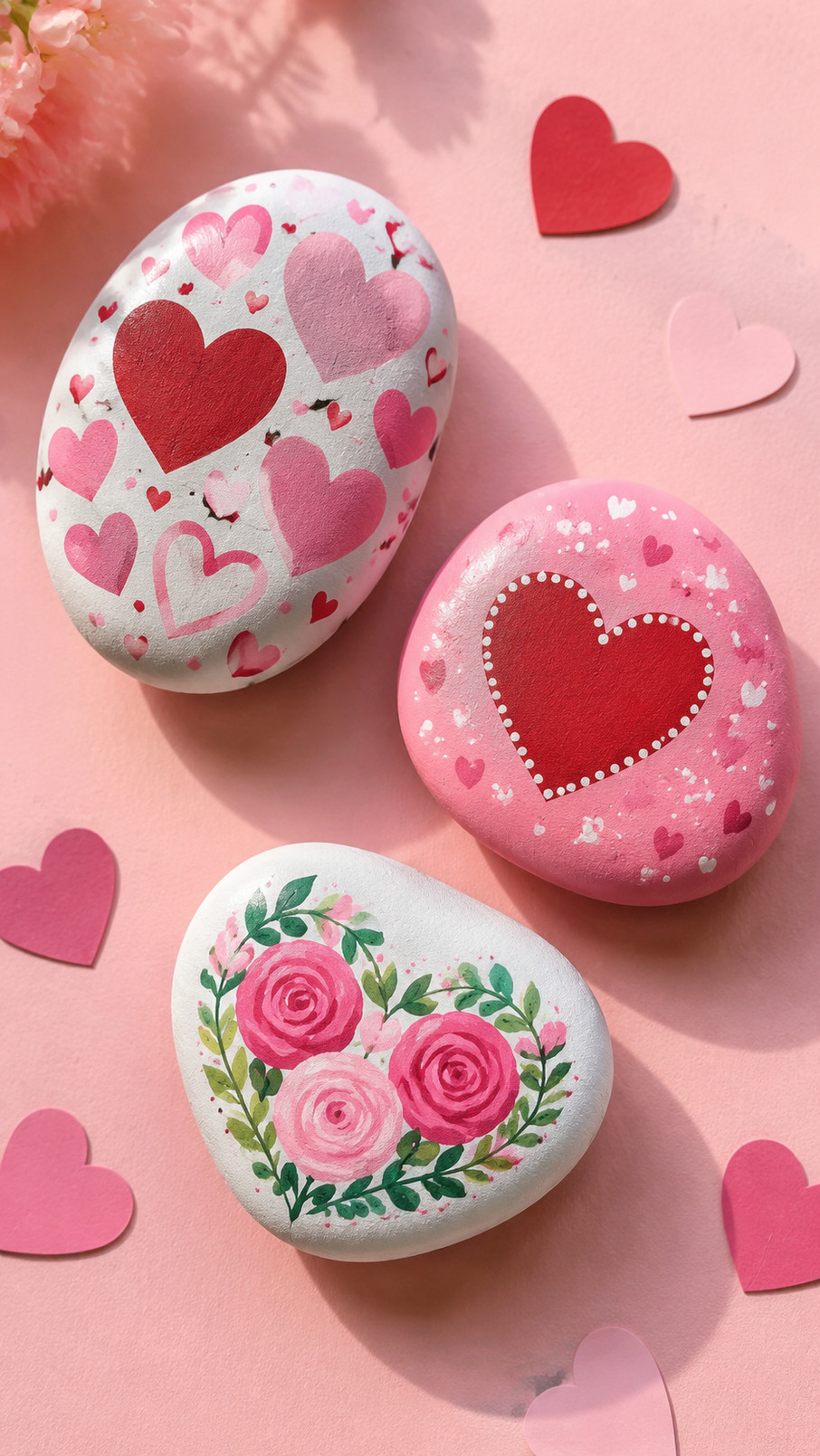 A Valentine’s Day painted rock featuring a rosy-cheeked Cupid, pink clouds, white hearts, and gold accents.