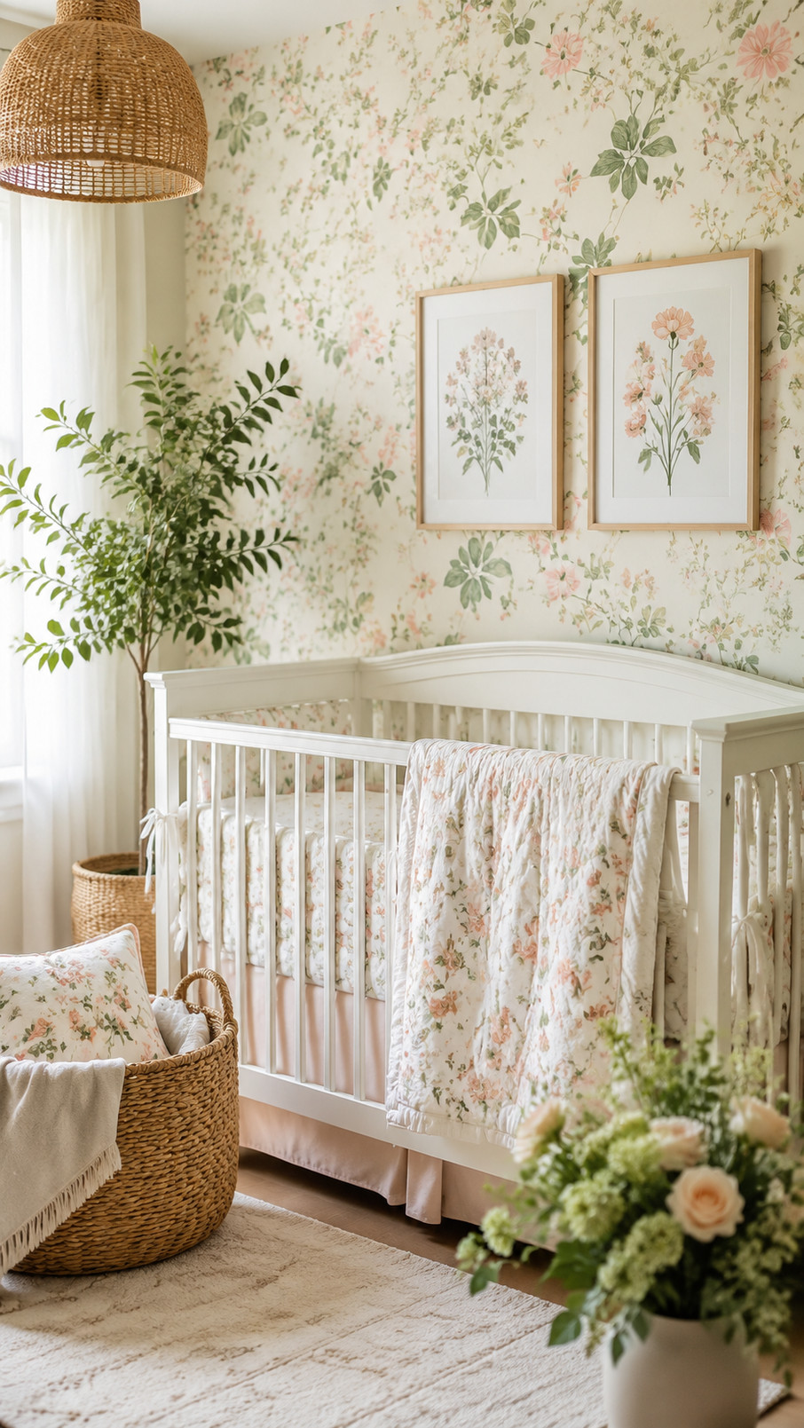 A floral nursery mobile with pastel flowers and green leaves hangs above a white crib.