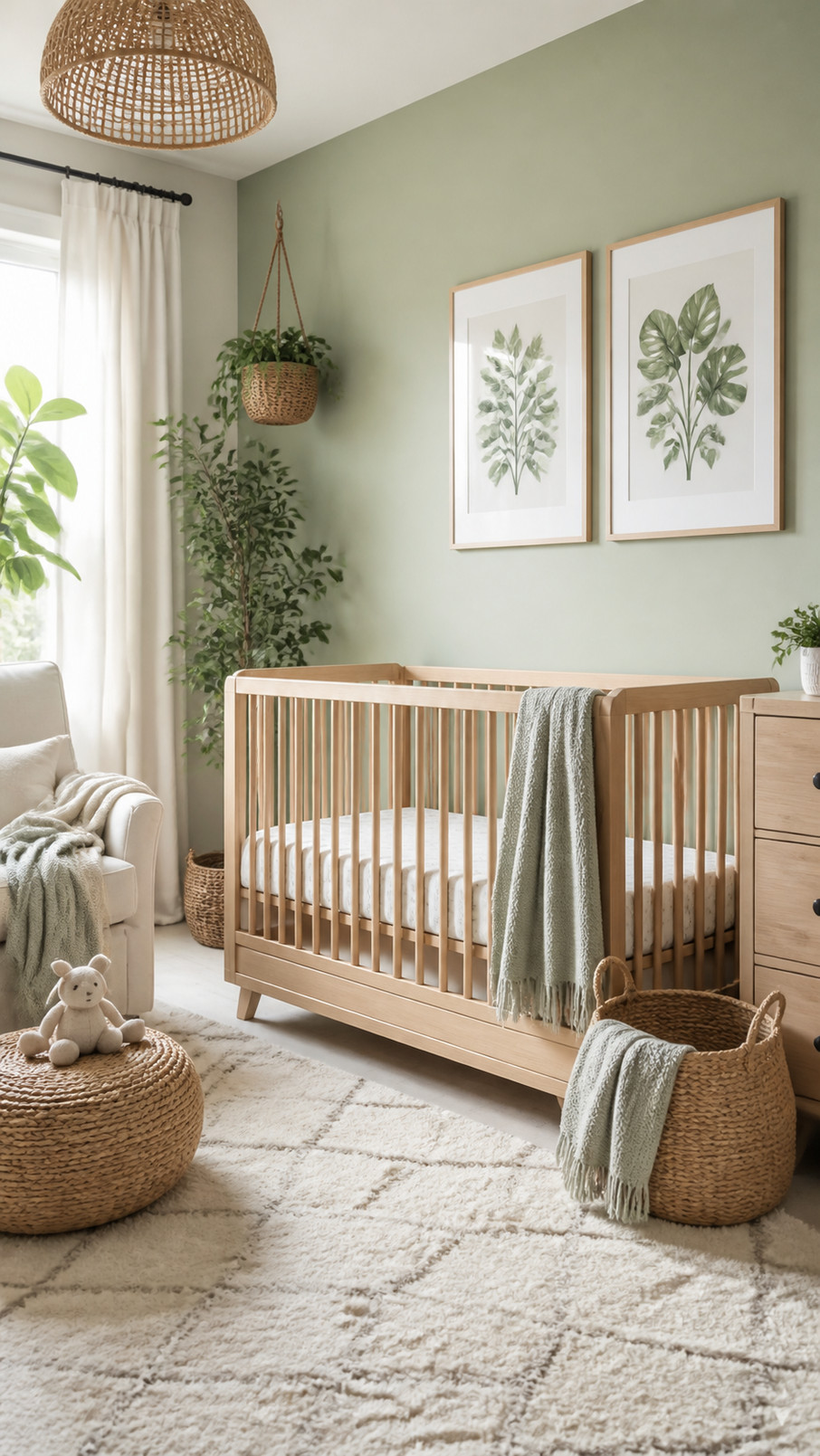 Framed botanical wall art featuring green fern, eucalyptus, and watercolor leaf prints in a nature-inspired nursery.