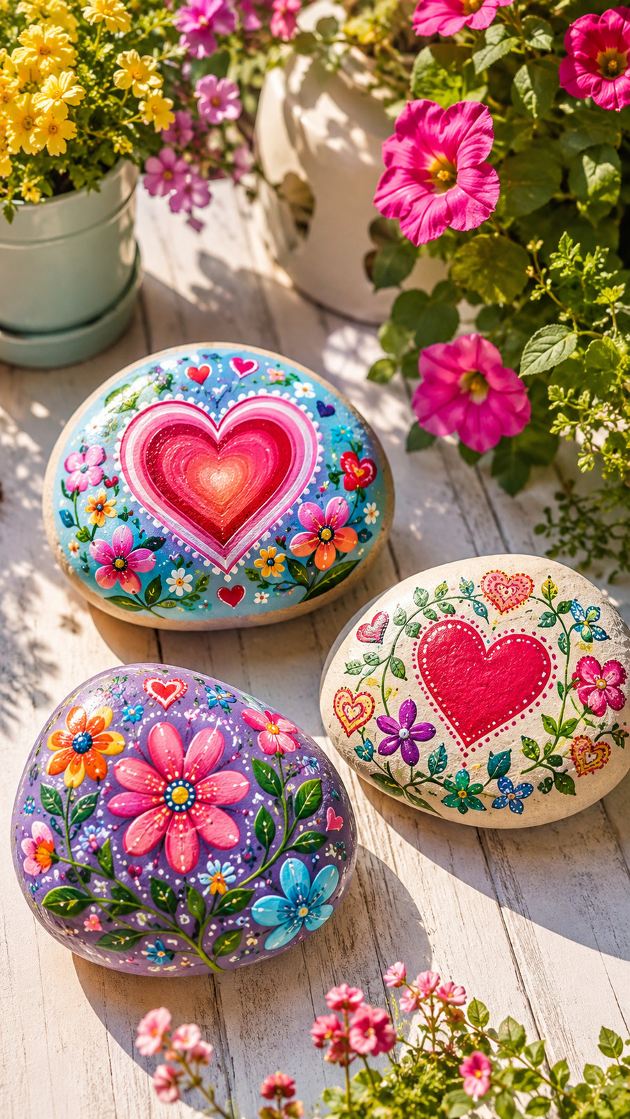 Heart-shaped painted rock covered in colorful pink, yellow, and blue flowers.