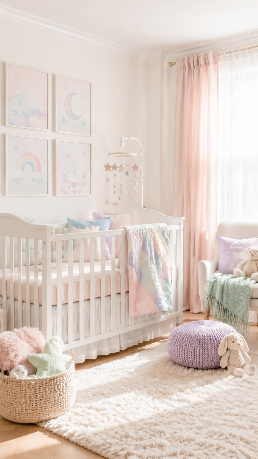 A buttercream pendant light hangs in a pastel nursery, casting a warm glow above a cozy reading nook.