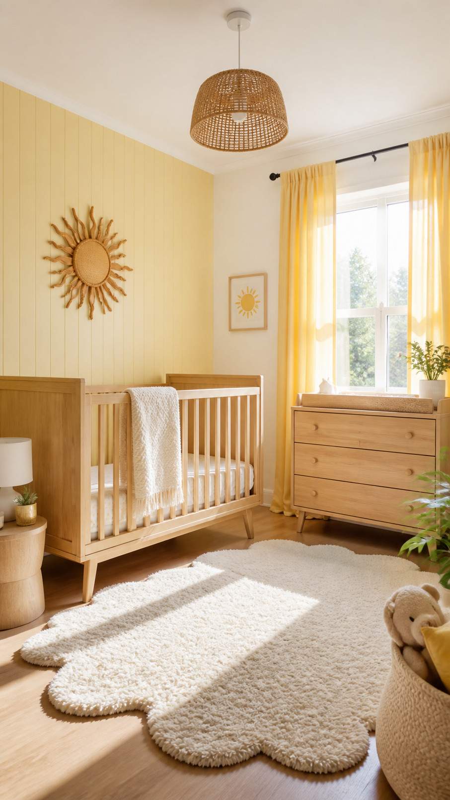 A buttercup-yellow nursery ceiling brightens a baby’s room with soft, sunny color above a cozy crib and neutral decor.