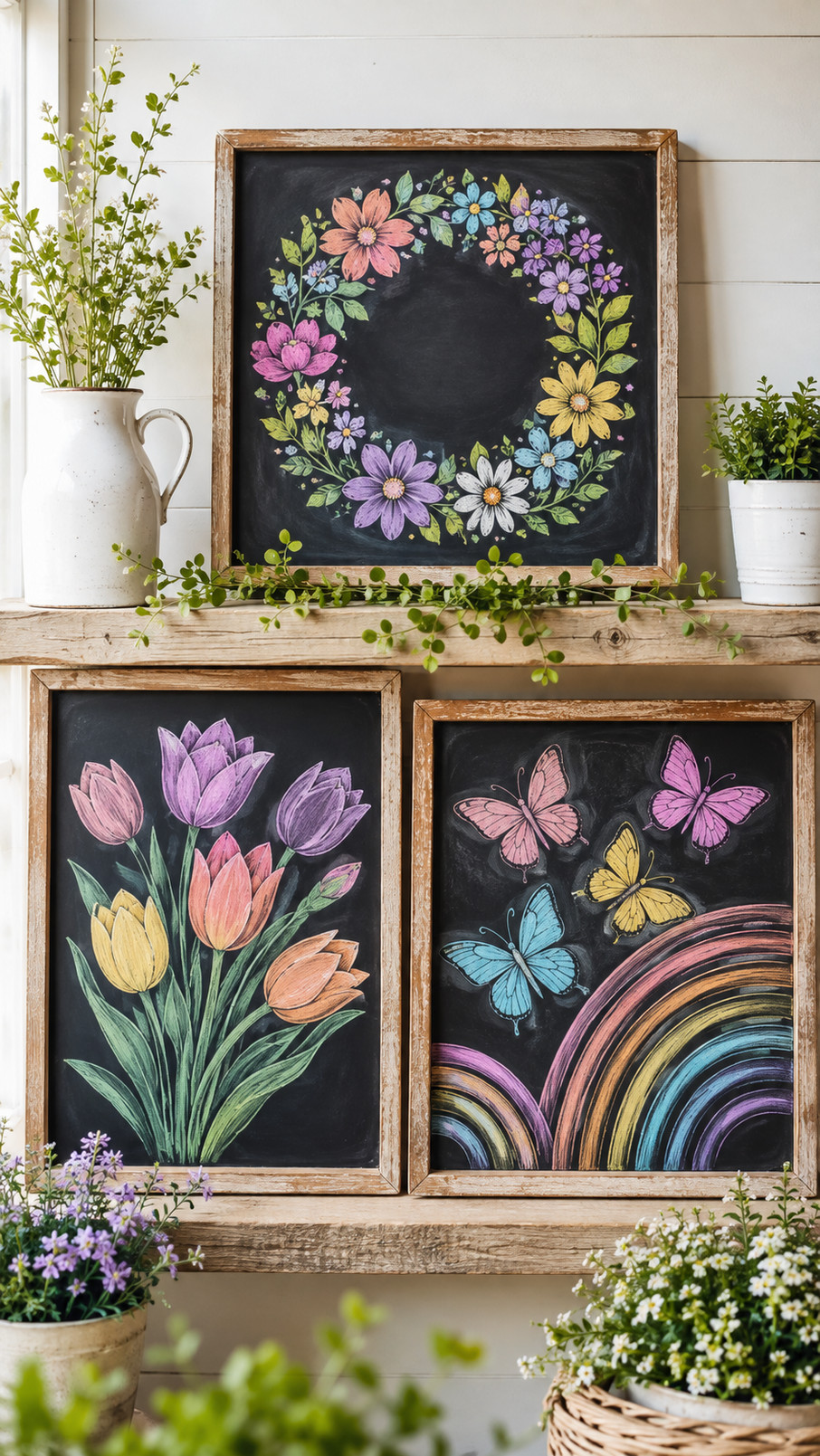 Chalkboard art featuring pastel butterflies fluttering above tiny spring wildflowers in a cheerful April meadow scene.