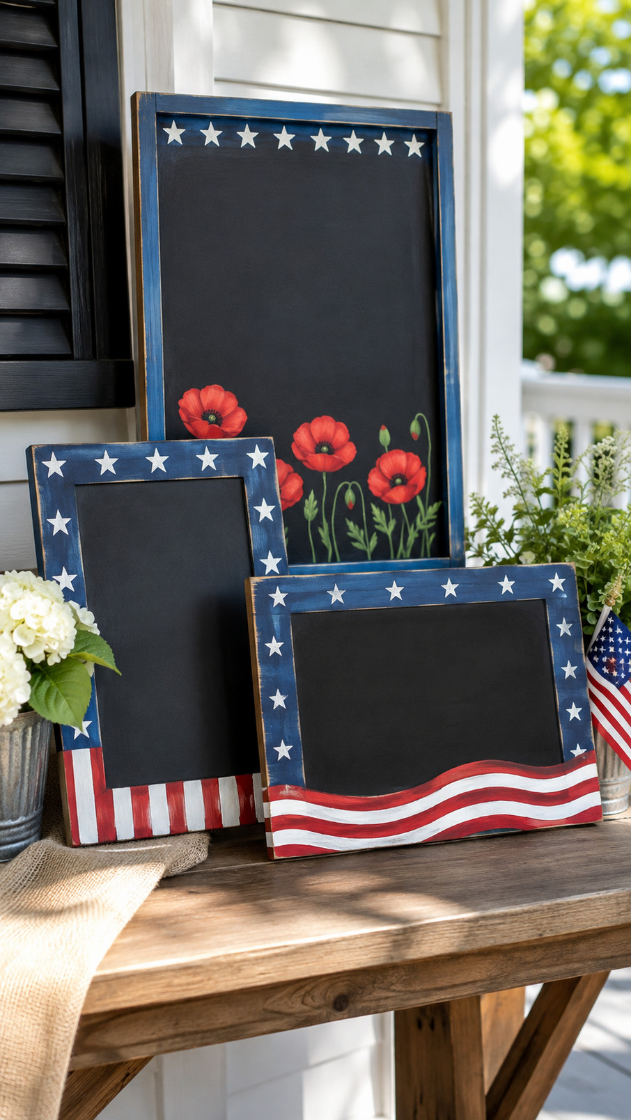 Memorial Day chalkboard art featuring glowing candles, a remembrance message, red poppies, and small white stars.