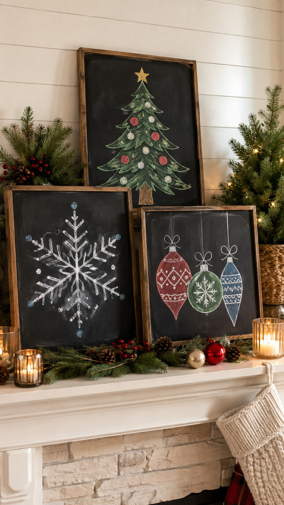 A festive Christmas chalkboard featuring red and white candy canes, swirling stripes, and tiny stars.