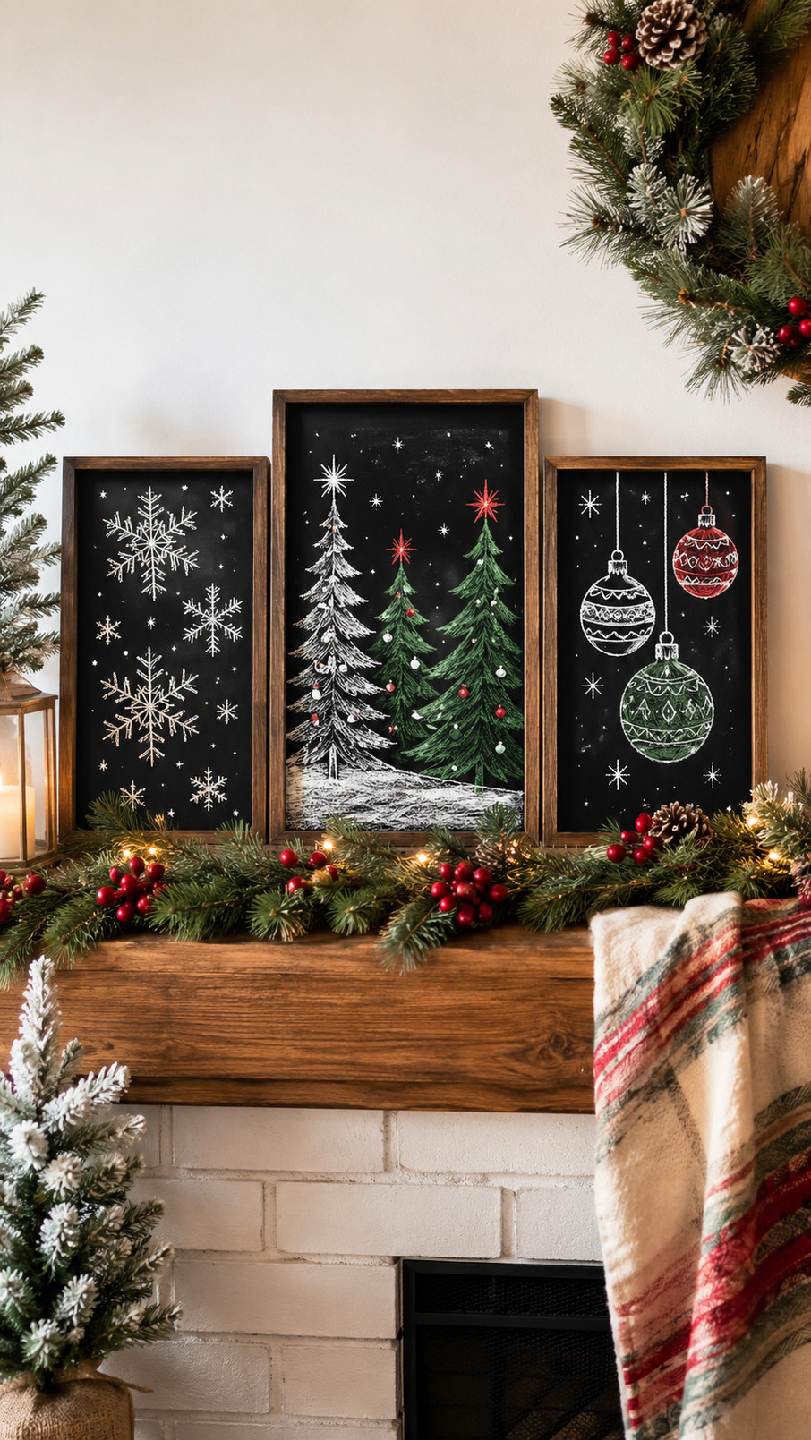 Chalkboard art featuring red-and-white candy canes, snowflakes, and festive holiday lettering on a dark background.