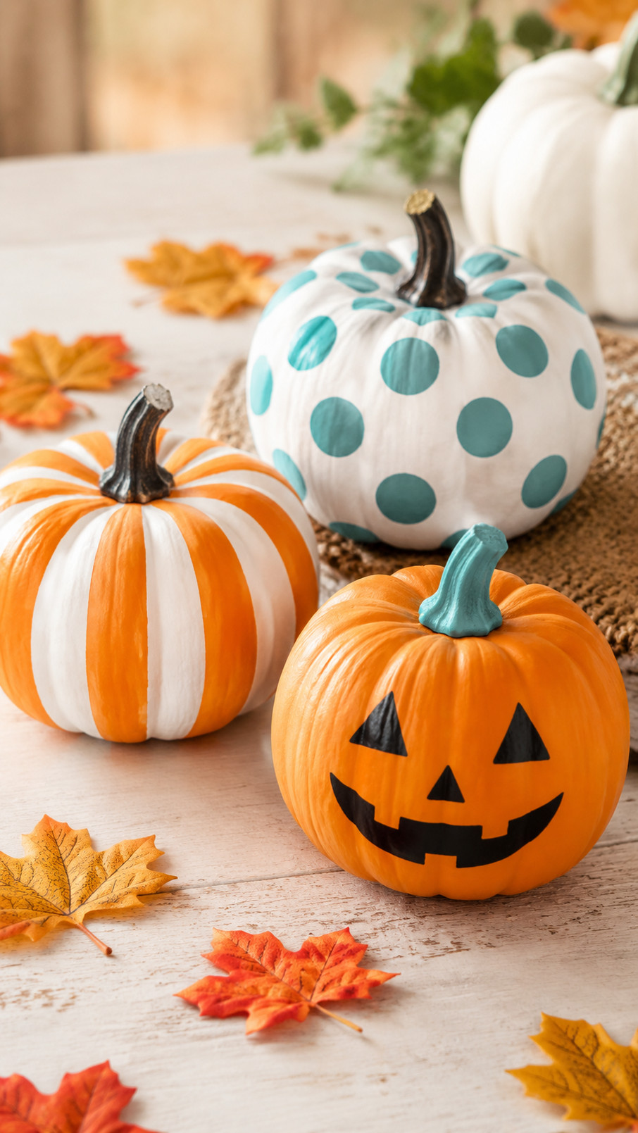 Mini pumpkins painted with pastel pink, peach, mint, and lavender checkerboard patterns in a colorful fall display.