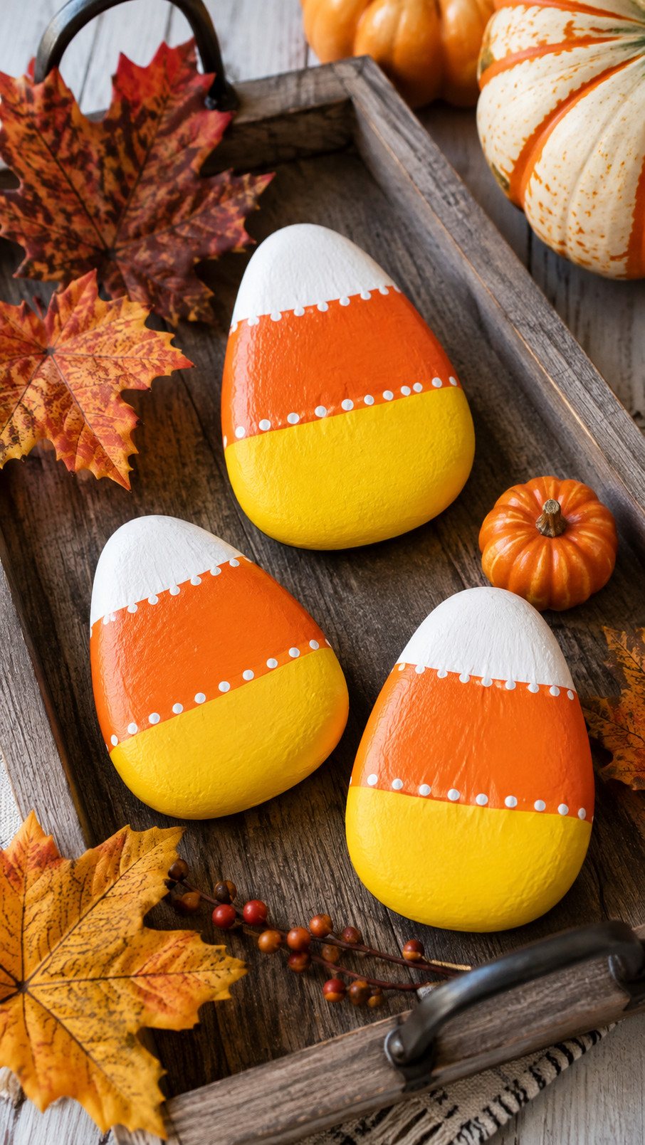 A candy corn painted rock decorated as a witch with a black hat and broom in yellow, orange, and white Halloween colors.