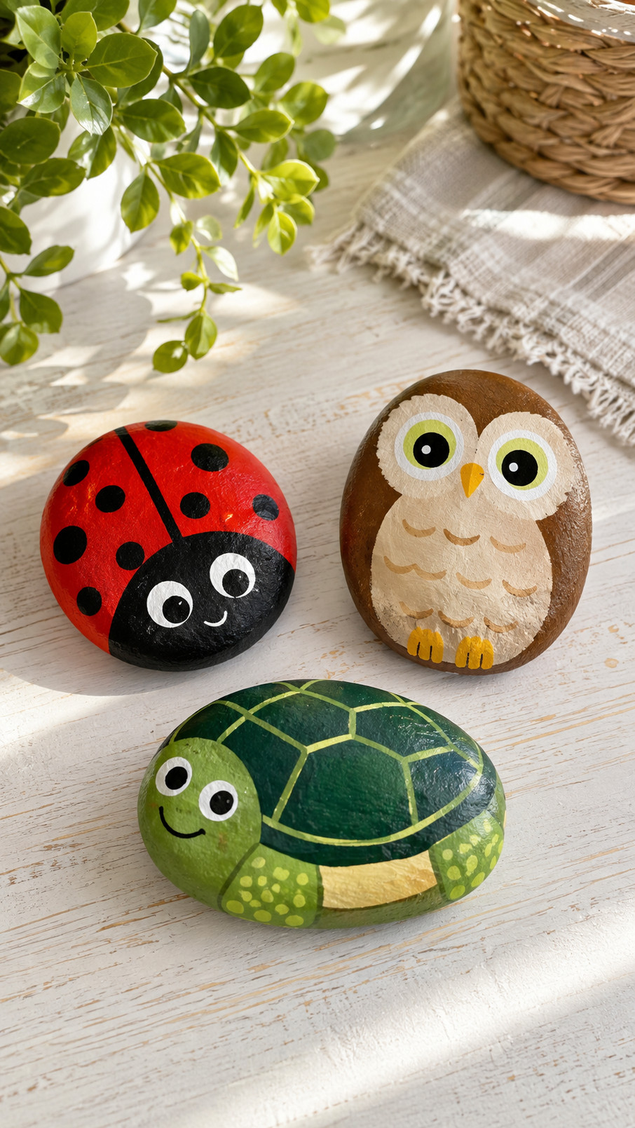 A cheery penguin painted rock with a black body, white belly, orange feet, and a friendly face.