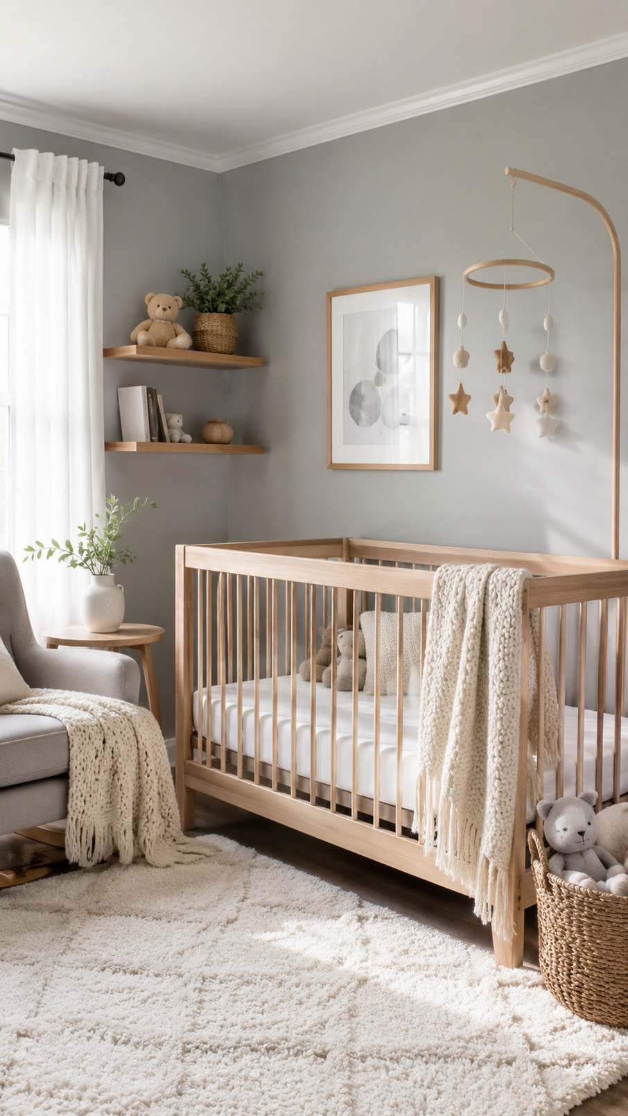 Cloud gray crib mobile with soft hanging shapes above a baby's crib in a soothing gray nursery.