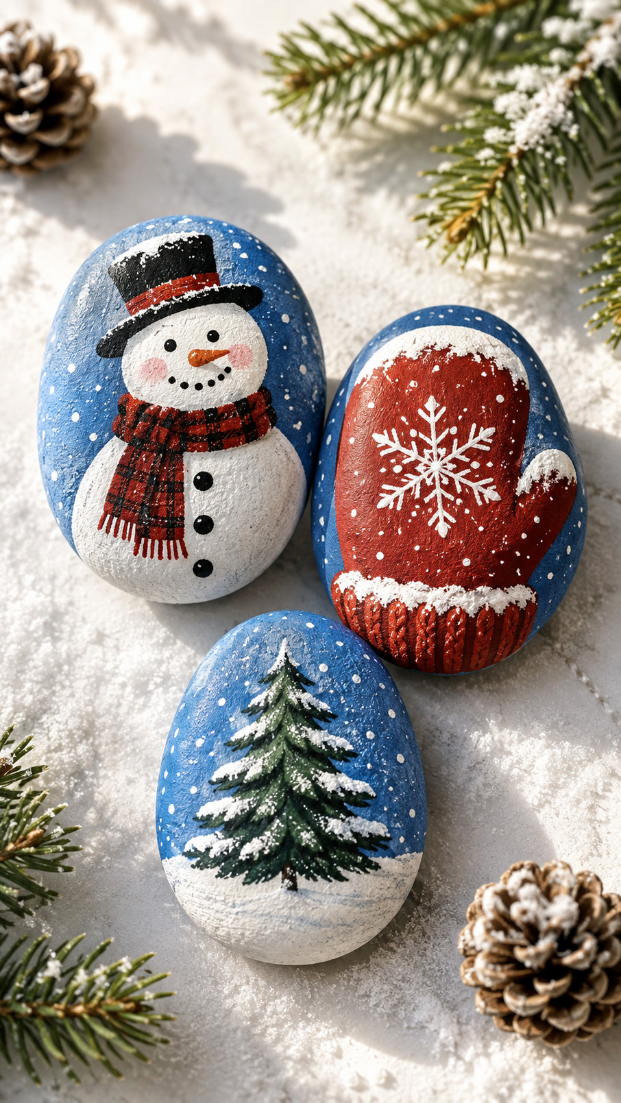 A winter painted rock decorated with colorful red, teal, and white mittens in a cozy seasonal design.