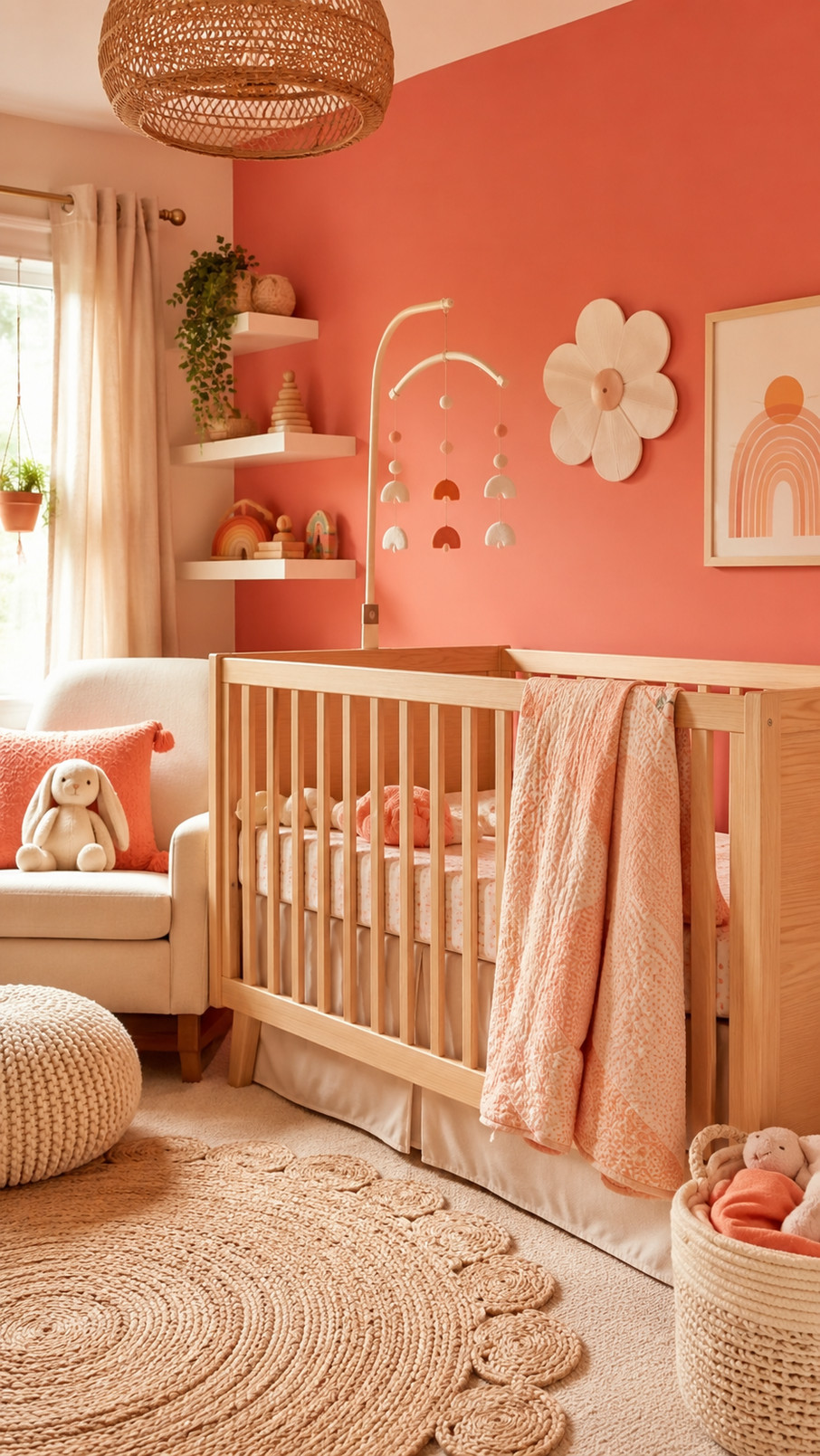 A coral pom-pom rug adds soft texture and cheerful color to a peach-toned nursery floor.