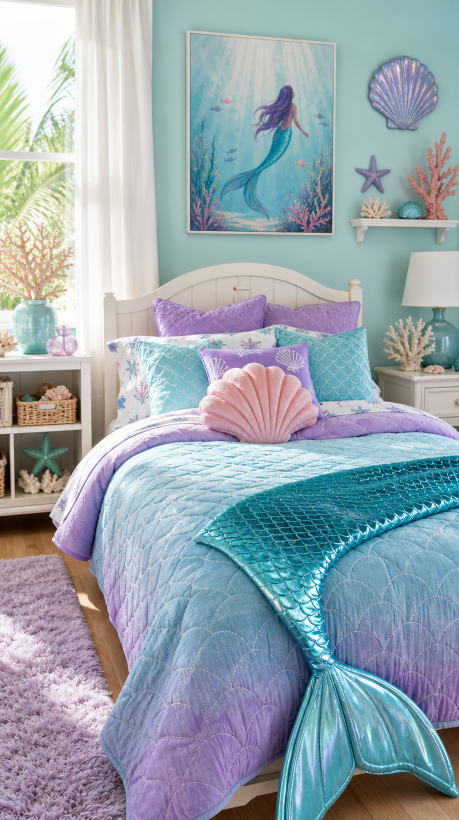 A colorful coral reef canopy with aqua, lavender, and blush pink fabric draped over a child's mermaid-themed bed.