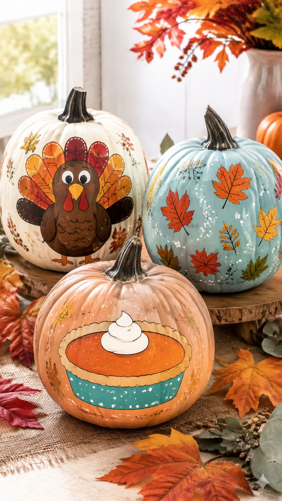 Painted Thanksgiving pumpkin featuring a colorful cornucopia filled with leaves, berries, and golden gourds.
