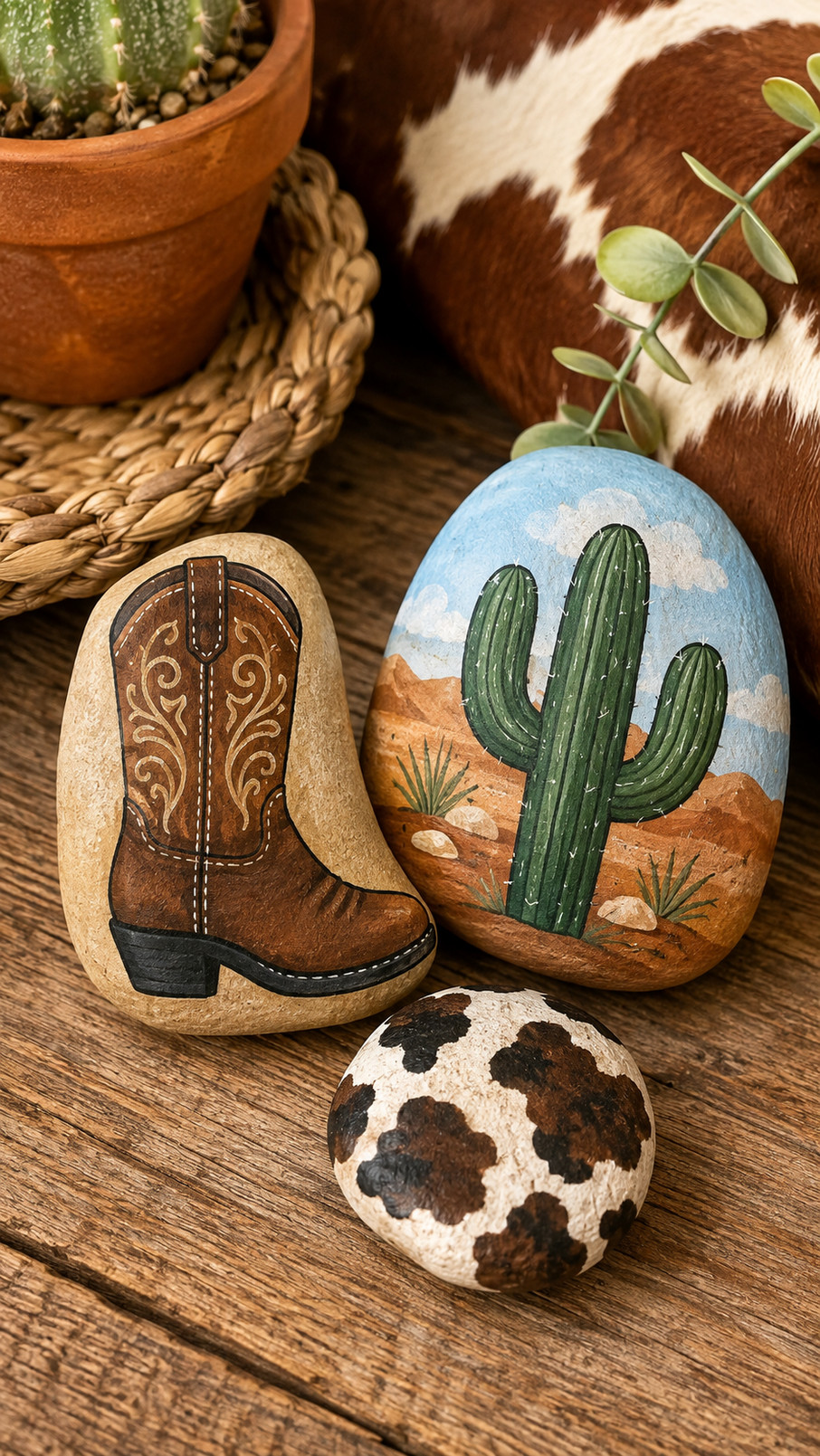 A hand-painted cowboy boot rock decorated in ochre, brown, and white Western-style details.