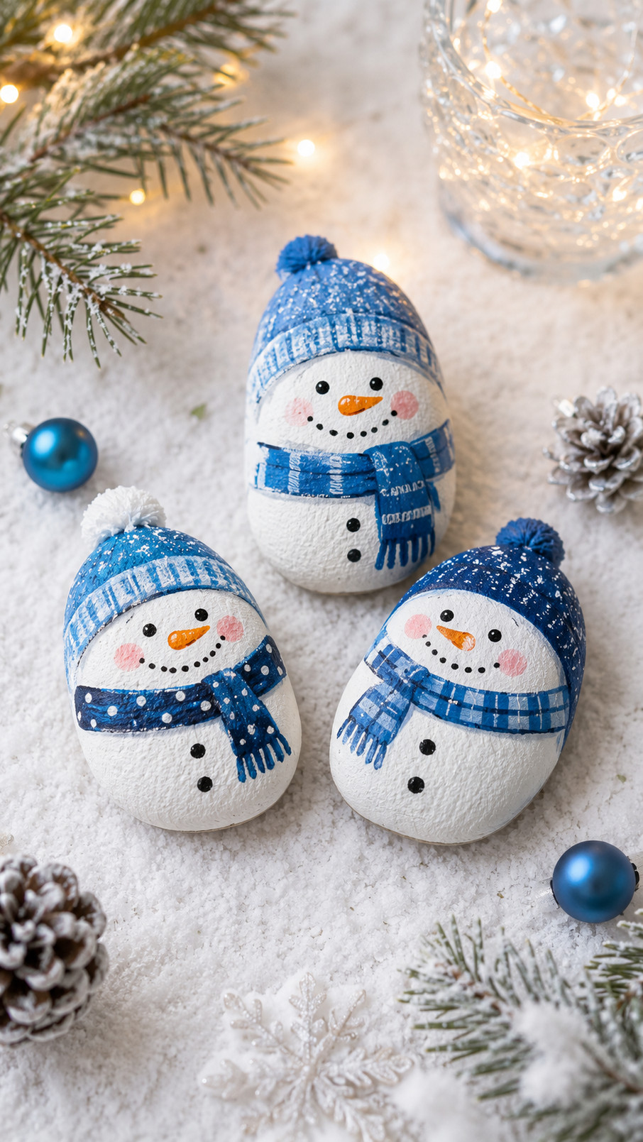 A painted rock featuring a cheerful snowman with cozy mittens, rosy cheeks, blue details, and a snowy white smile.