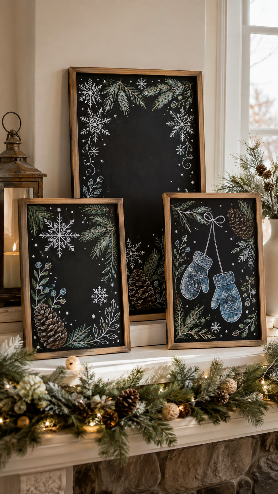 Winter chalkboard art featuring a cheerful reindeer with white antlers, rosy details, and delicate snowflakes.
