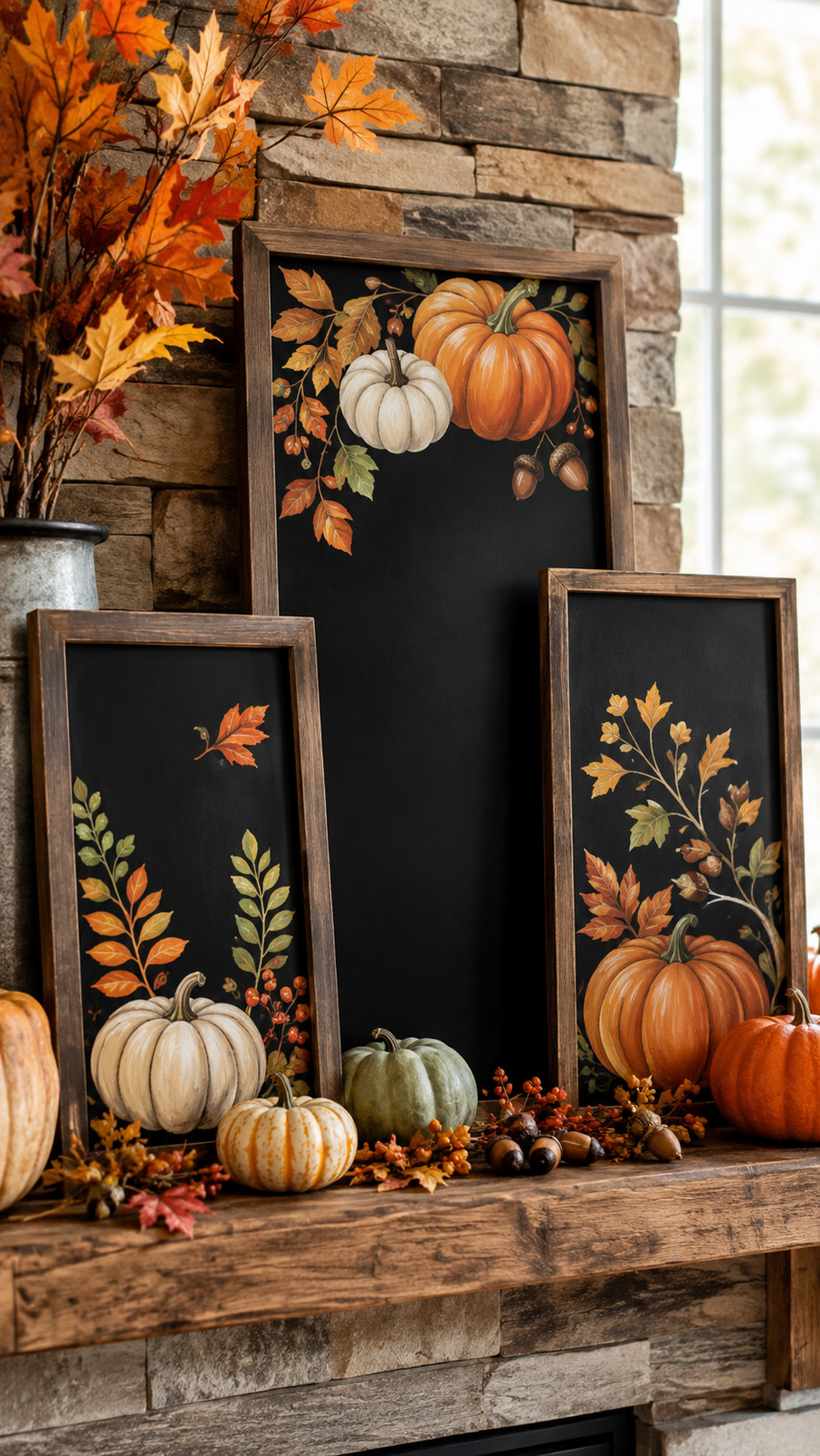 Fall chalkboard art featuring red apples, green leaves, white lettering, and an autumn harvest greeting.