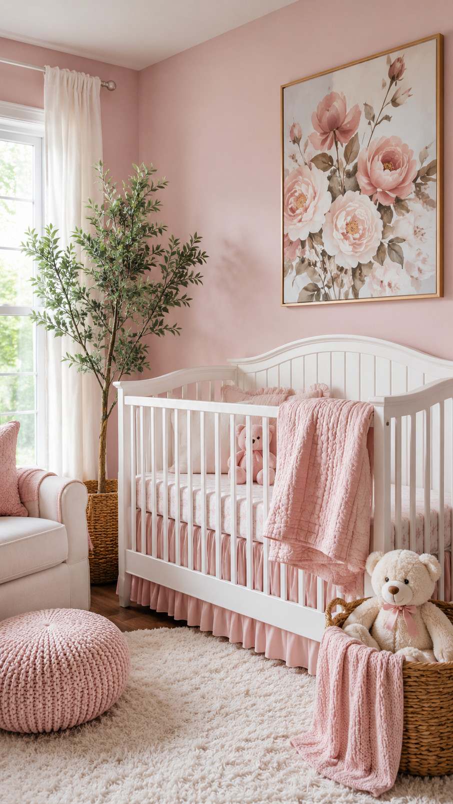 Dusty pink dresser with cream accents and woven baskets in a charming nursery.