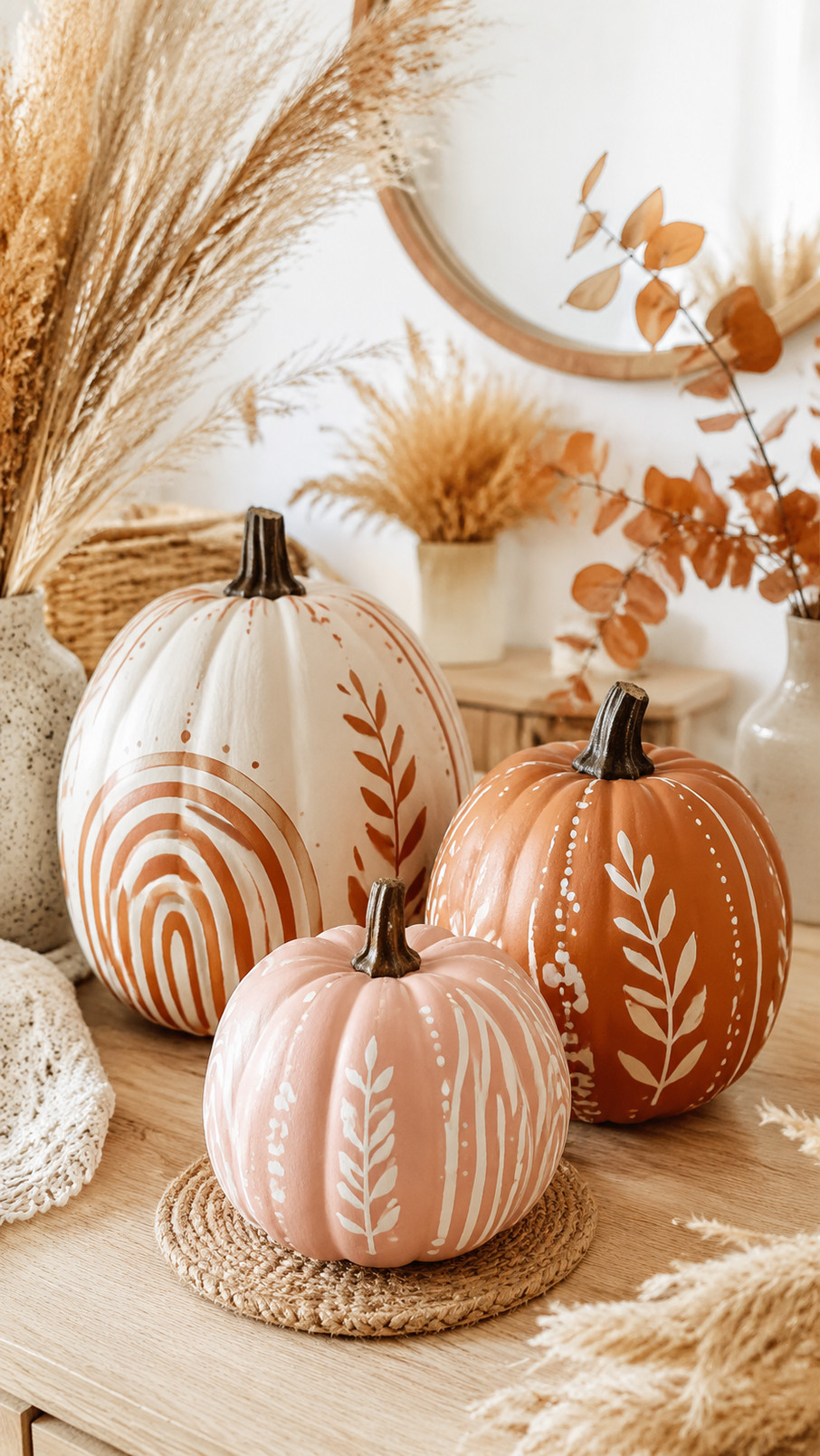 A cream painted pumpkin decorated with sage green cactus shapes and terracotta accents in a boho fall display.